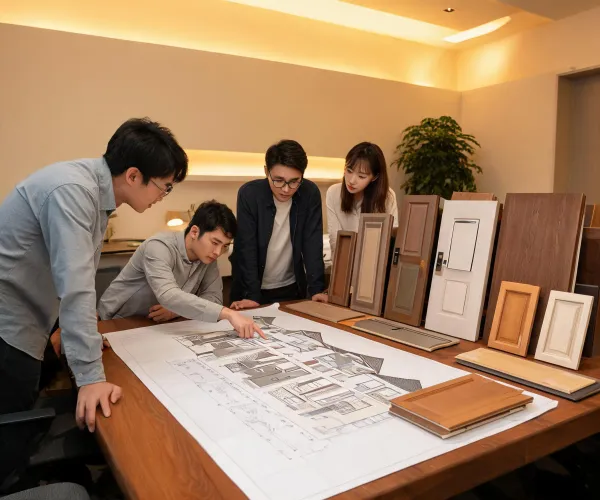 Team reviewing elevation drawings