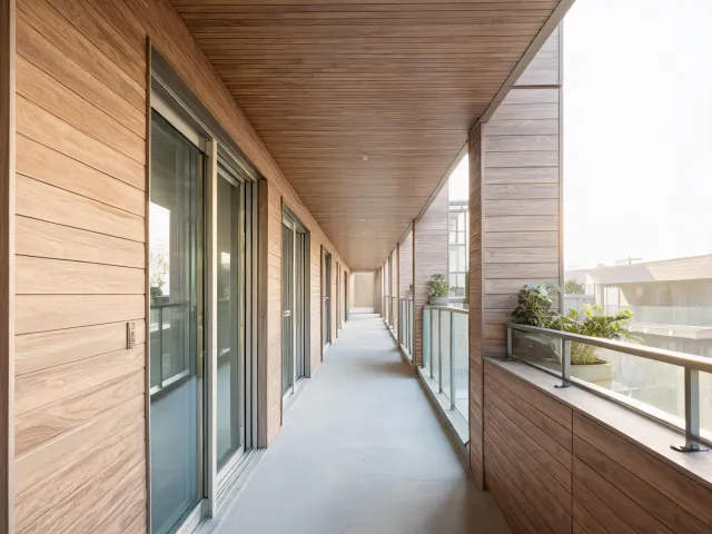 Multifamily balcony with woodgrain cladding