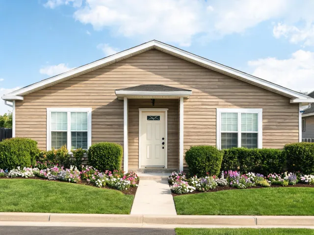 Custom home with woodgrain siding