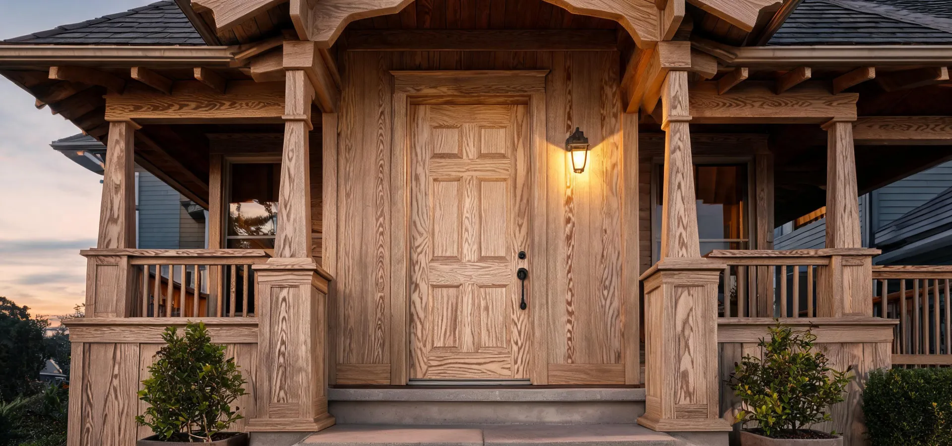 Craftsman entry with Woodgrain textured fiberglass door and matching cladding