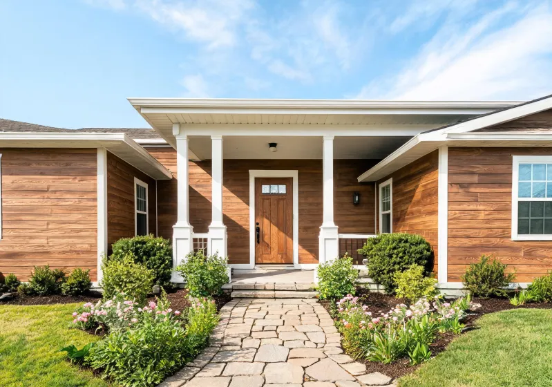 Custom home porch with woodgrain door