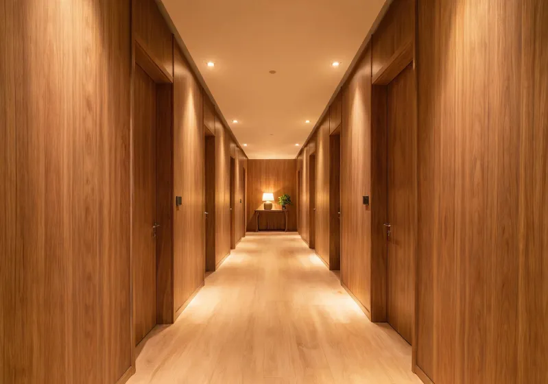 Hospitality corridor with woodgrain wall paneling