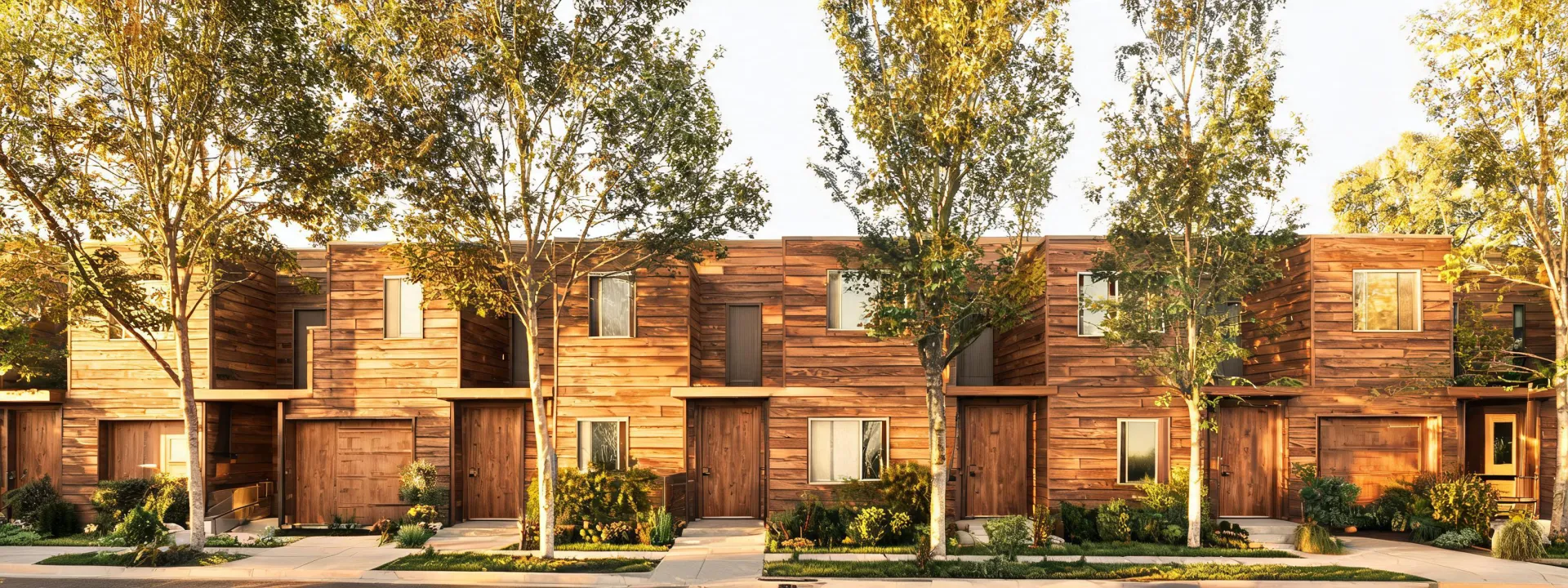 Mixed-use streetscape with woodgrain cladding and entry doors