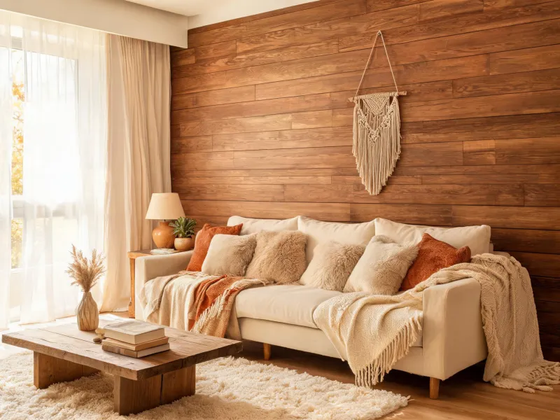 Living room with woodgrain wall paneling