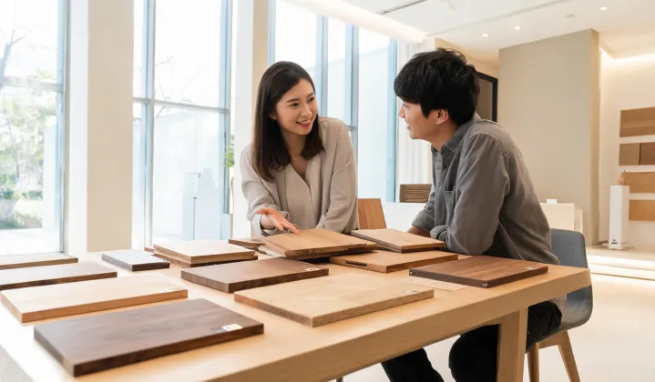 Specialist reviewing Woodgrain sample boards with a designer