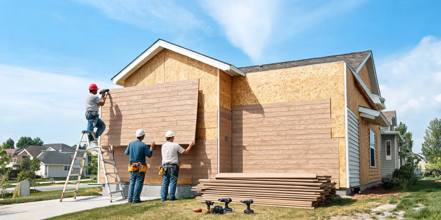 Jobsite install of woodgrain cladding panels
